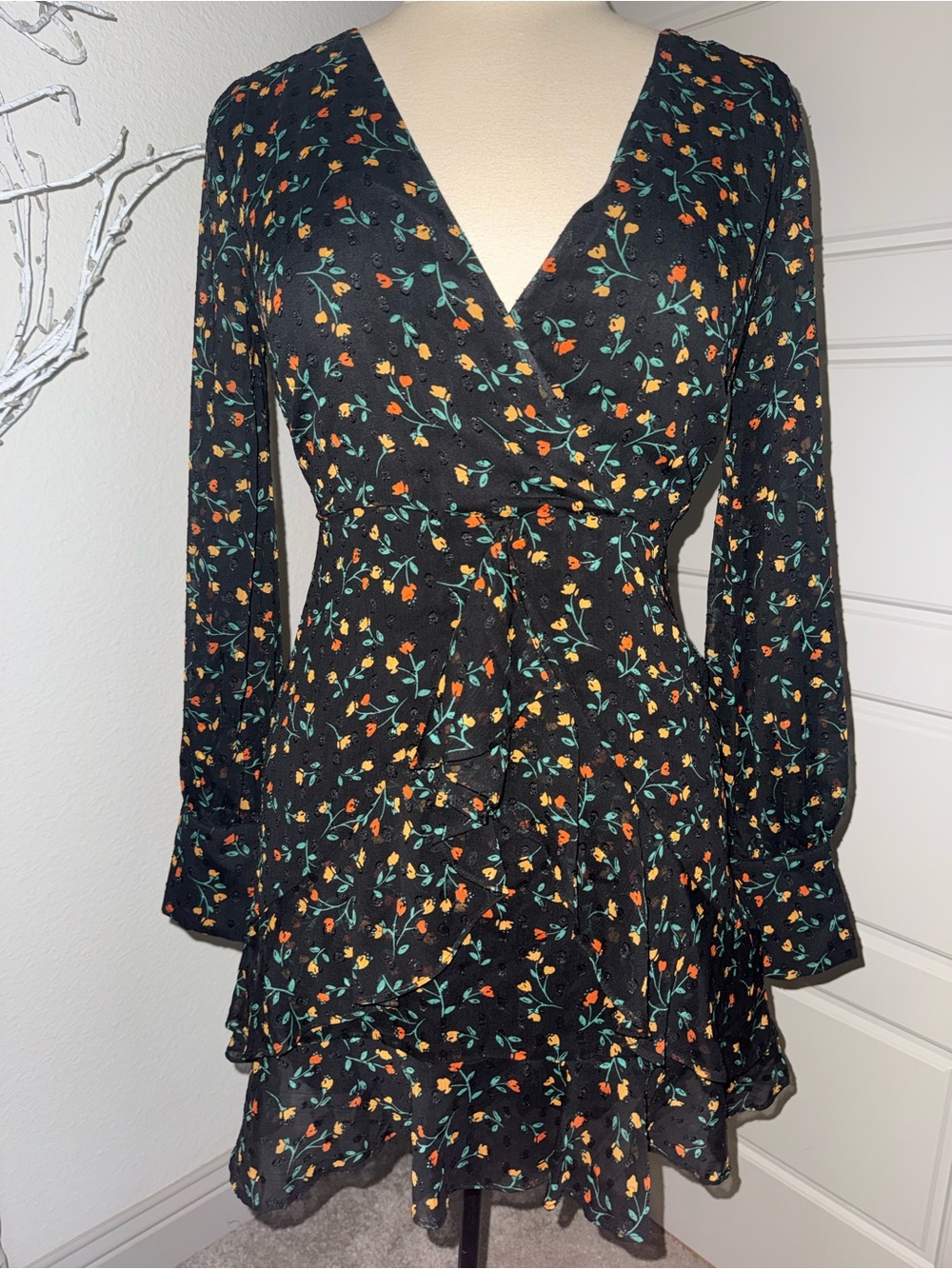 MINKPINK Black Floral Wrap Dress with Orange & Yellow Buds